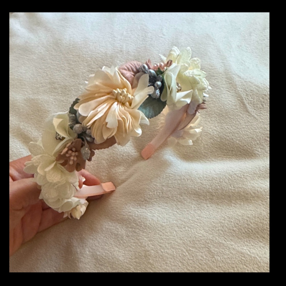 Little Girls Floral Headband Cream and Pink Flowers & Rhinestones Flower Girl